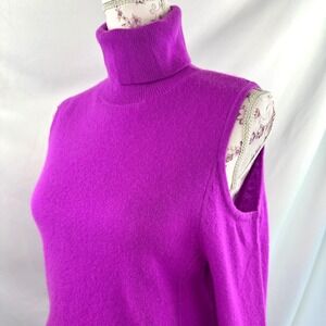 100% Cashmere Cold Shoulder Turtleneck Sweater Magenta Purple M Soft Cutout Knit